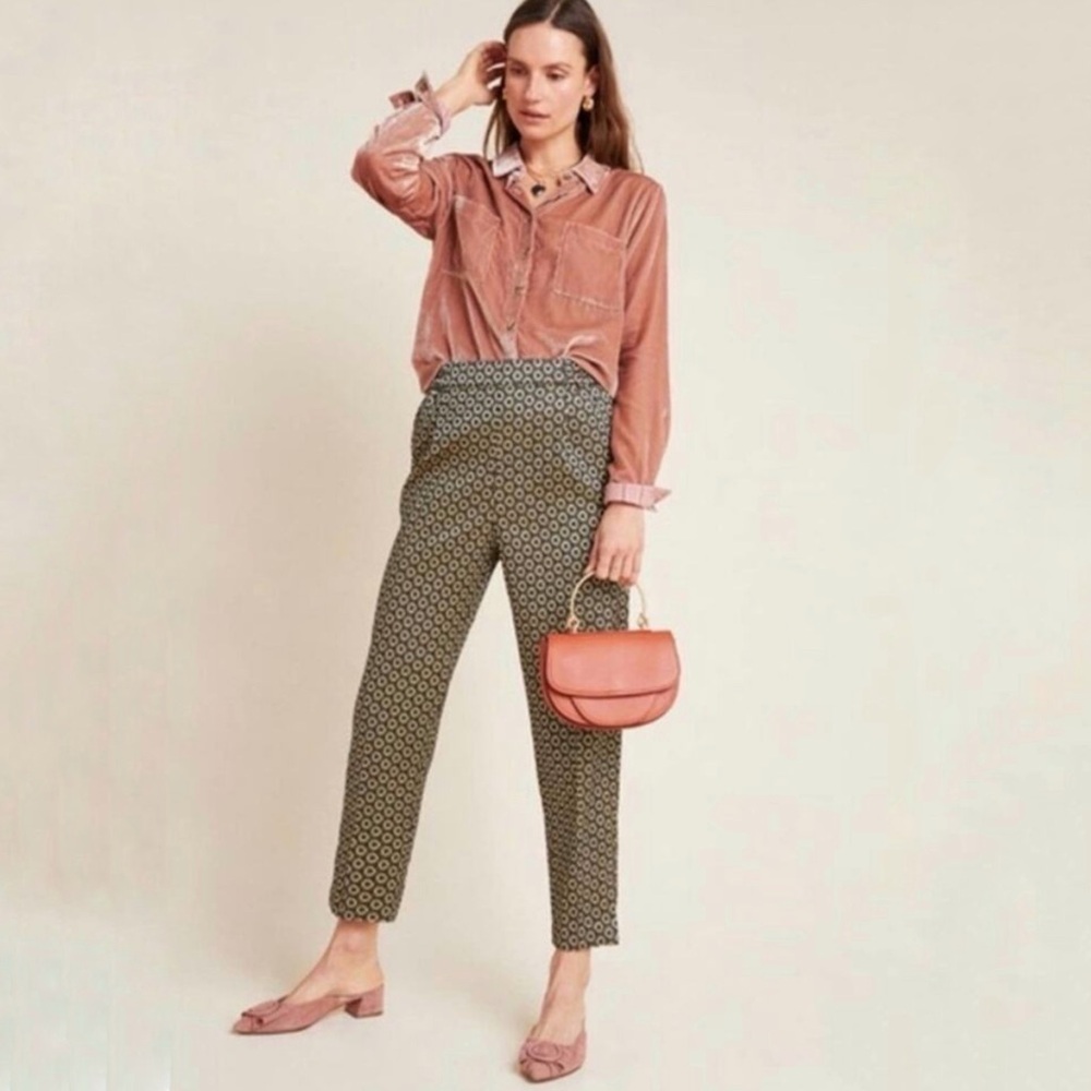 By Anthropologie Larkin Gold Black Jacquard Tapered Trousers [893]